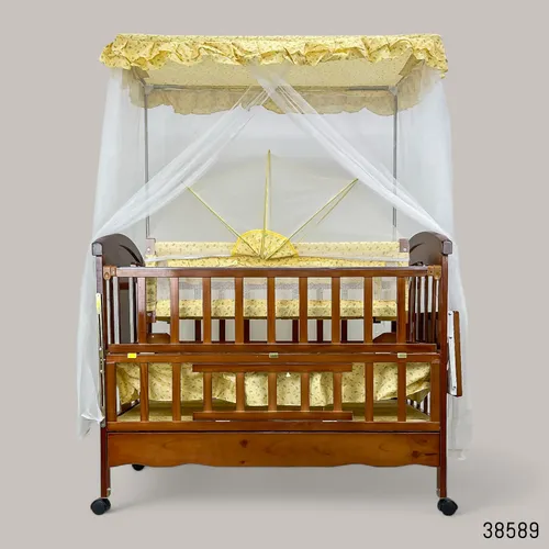 Monowa Mart Premium Wooden Cot Crib with Mosquito Net Bedding